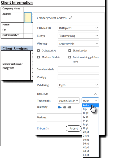 Egenskaper för textfältens teckenstorlek