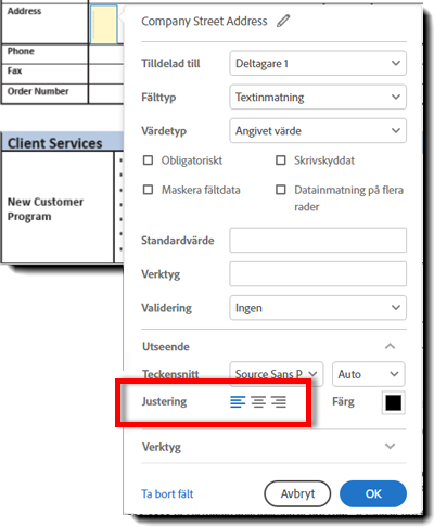 Egenskaper för textfältens teckensnittsjustering