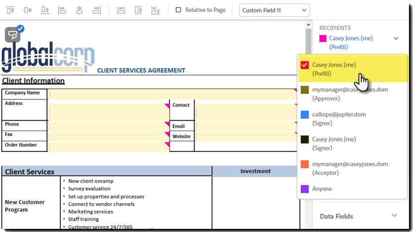 Rollen för förifyllnad på menyn Mottagare