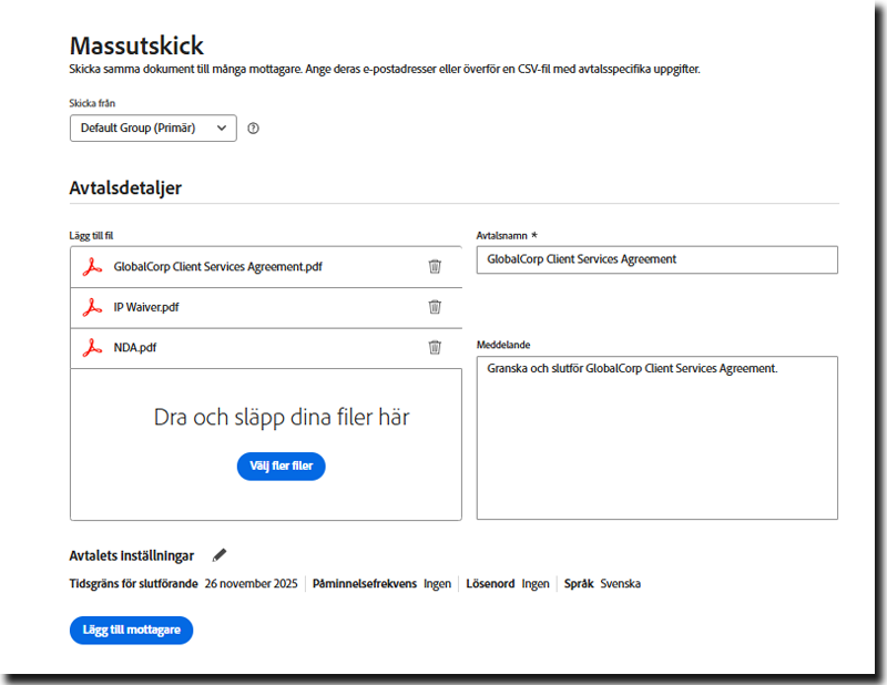 Gränssnittet Massutskick som visar den konfigurerade avtalsinformationen