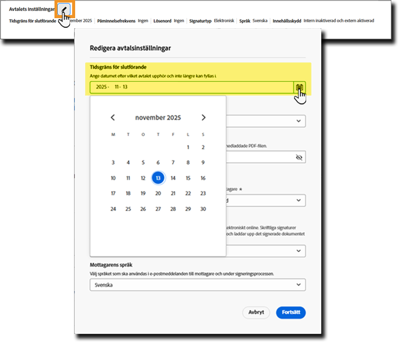 Avtalets inställningspanel med deadline-kalendern markerad