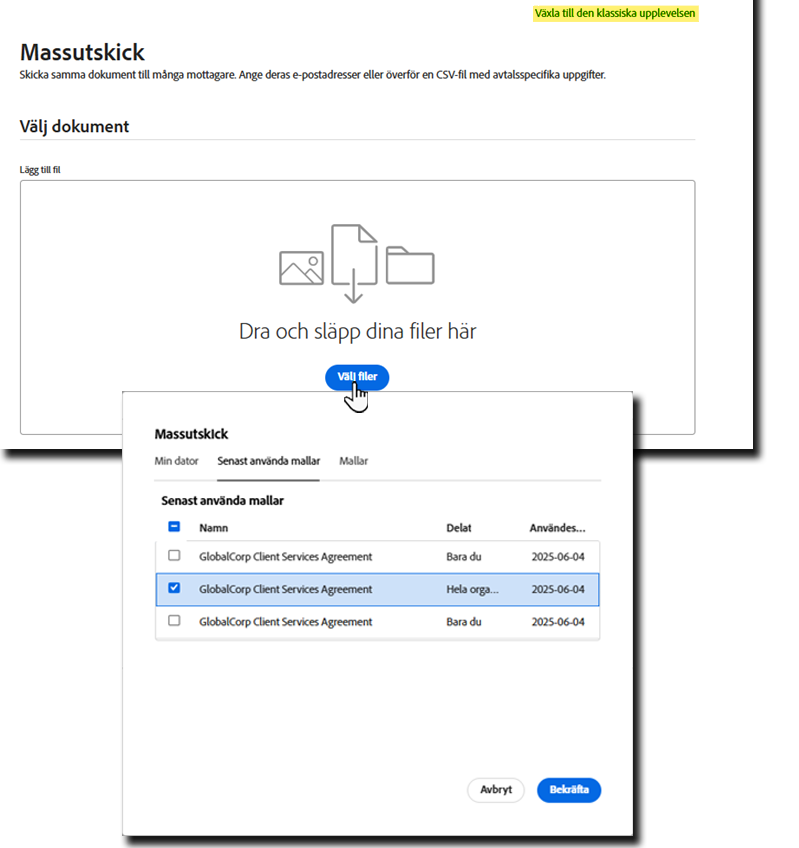 Avsnittet Avtalsinformation i gränssnittet Massutskick med Filväljaren markerad