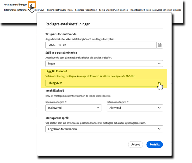 Panelen Avtalsinställningar med lösenordsfältet markerat