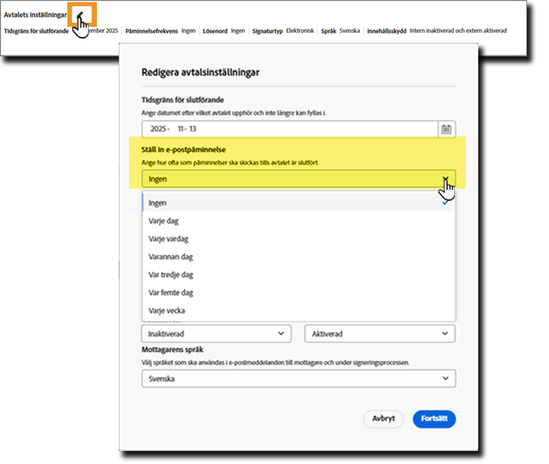 Panelen Avtalsinställningar med påminnelseväljaren markerad