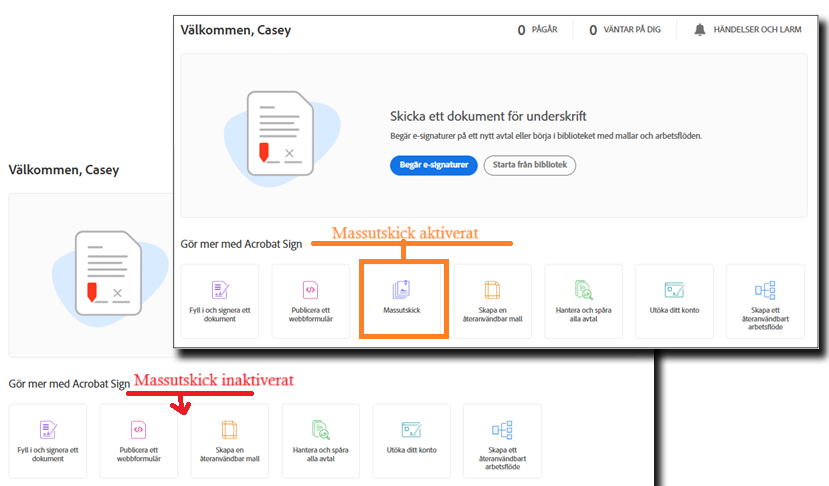Två bilder av startsidan, en med rutan Massutskick markerad (aktiverad) och den andra med att rutan inte är tillgänglig (inaktiverad)