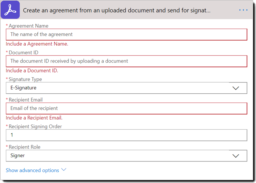 Åtgärd: Skapa ett avtal från ett överfört dokument och skicka för underskrift