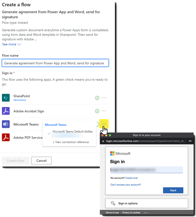 Power Automate 在 Acrobat Sign 和 SharePoint 之间，并显示身份验证面板