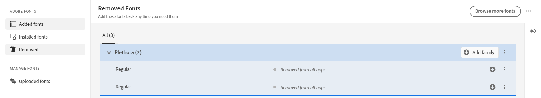 所有已移除的字體都會顯示在「已移除」索引標籤中。