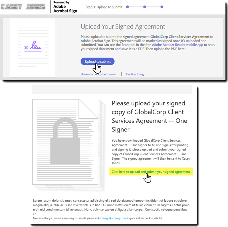 「上傳您的已簽署合約」頁面和上傳電子郵件。