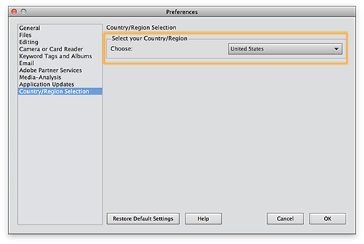 Selecting the country or region